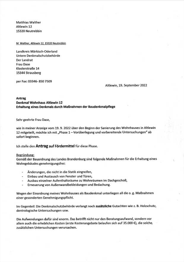 Anschreiben auf Fördermittel für Phase 1 bis 3 vom 19.09.2022